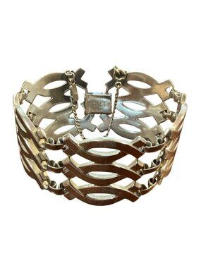 Vintage Monet Silver-Tone Openwork Link Bracelet With Safety Chain 8"